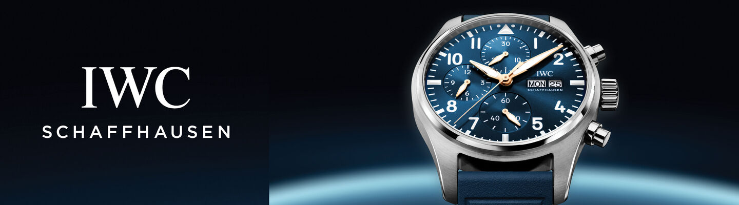 Banner showing an IWC Schaffhausen watch with a blue dial against a dark background
